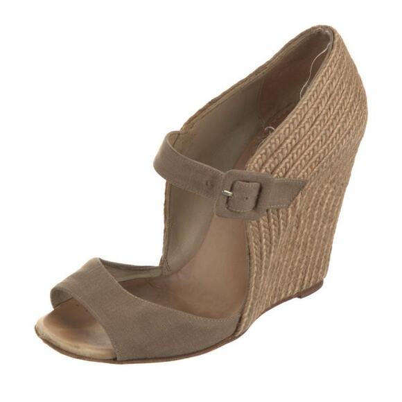 Authentic Christian Louboutin Taupe Linen Jute Peep Toe Espadrille Heels IT 37 7 - Picture 1 of 5